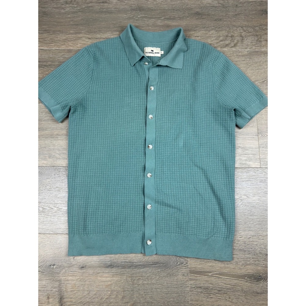 The Normal Brand Mens Textured Knit Button Down Shirt Short Sleeve Green Medium